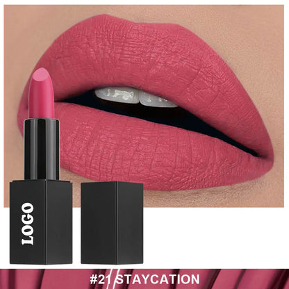 Beauty Does Not Fade matte finish lipstick in nonstick cup packaging, showing range of 24 colour shades.