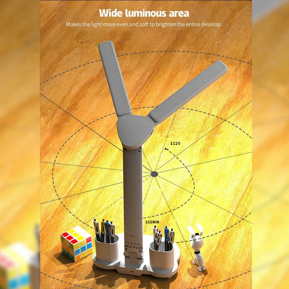 White LED desk lamp with calendar display, touch controls, and integrated pen holder on wooden desk