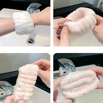 Coral velvet wrist washband with elastic band for facial cleansing, grey colour option shown