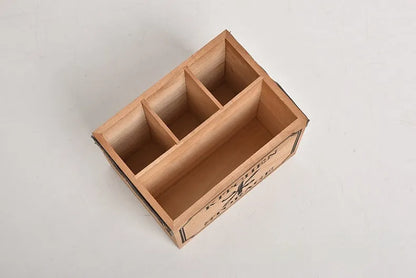 Solid wood kitchen storage box with internal grid divider for organising cutlery and chopsticks.