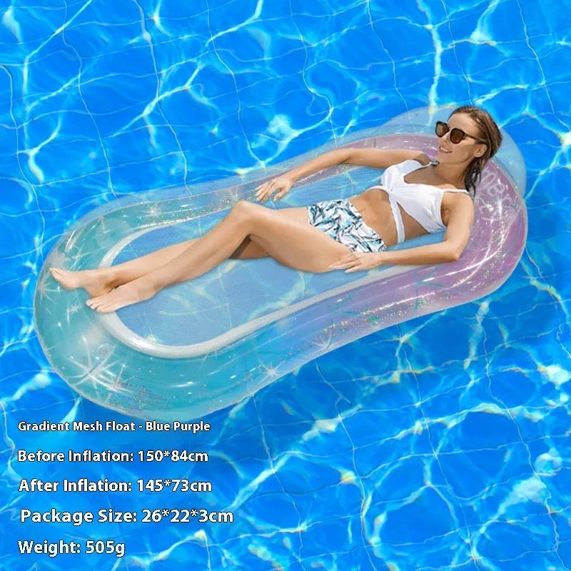 PVC inflatable pool floating row with sequins and mesh deck on blue water