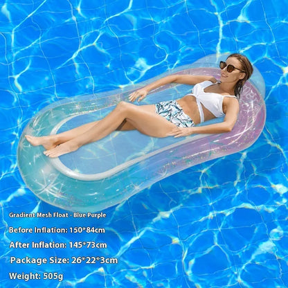 Vibrant gradient blue and purple sequined inflatable pool float lounger on water