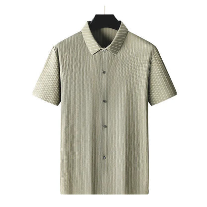 Black and khaki striped plus size men's casual shirt with a square collar, shown in a loose fit.