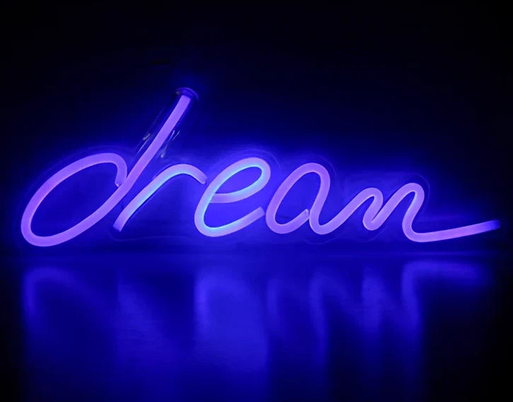 LED neon decorative light with acrylic back panel showing USB power connection and multiple design options