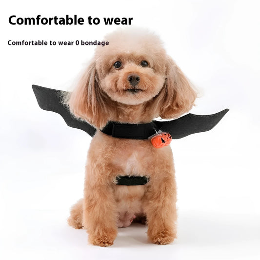 Black Halloween felt costume for a dog or cat with attached wings and a bell, shown in size options S, M, L.