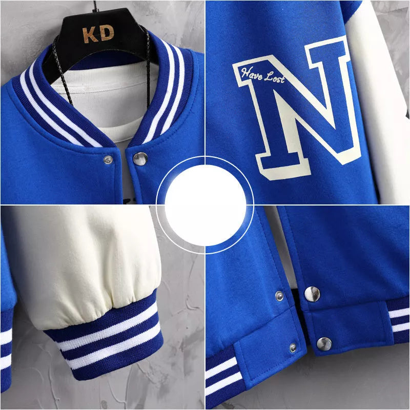 Men's letter print color block baseball jacket in black, blue, or green with round neck and button details