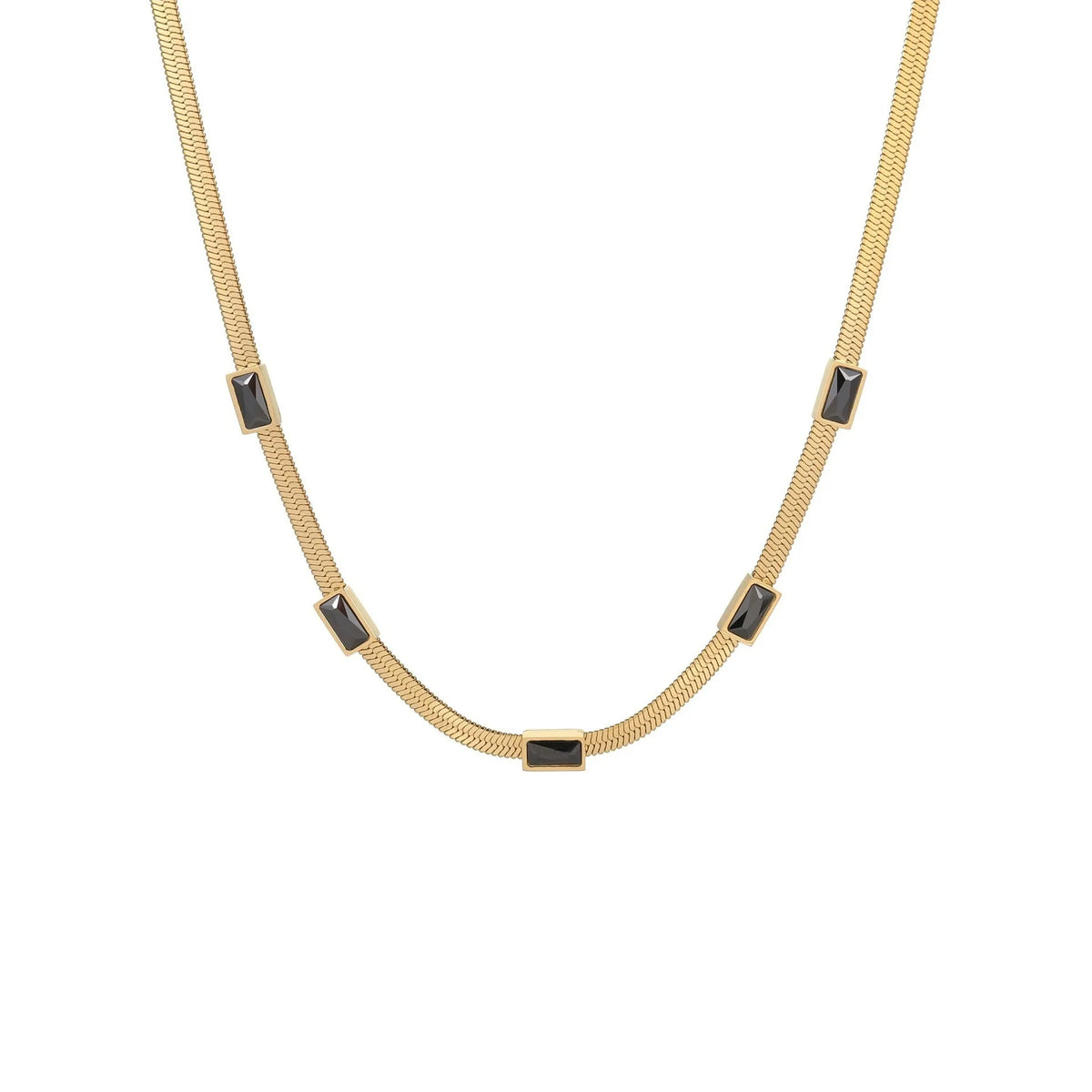 Retro geometric square zircon necklace with stainless steel construction and 18K gold plating on flat snake chain