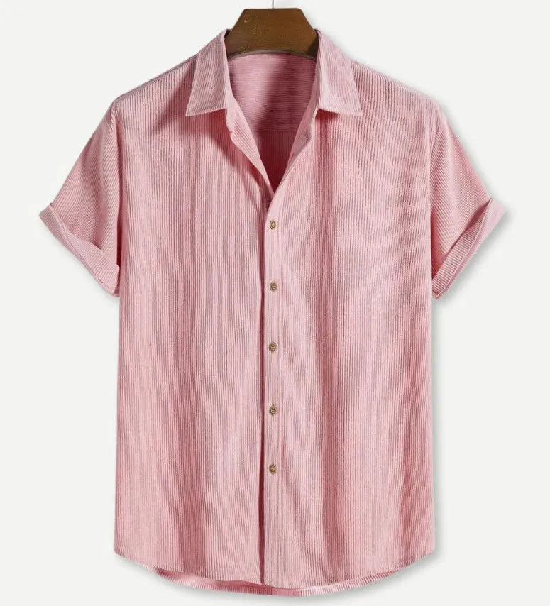 Men's casual short-sleeved cardigan shirt in polyester, shown in available colours.