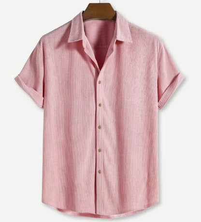 Men's casual short-sleeved cardigan shirt in polyester, shown in available colours.