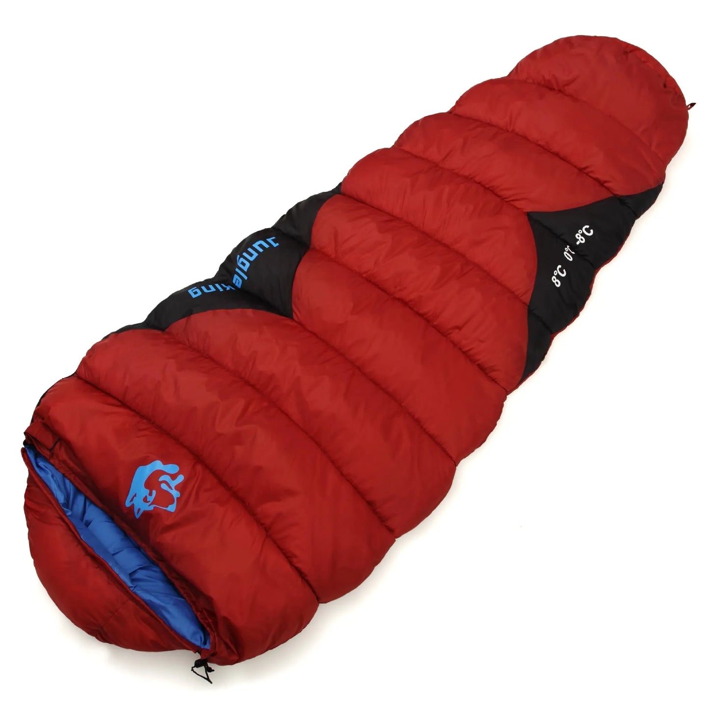 Outdoor mummy sleeping bag in army green with a compression sack, shown unrolled.