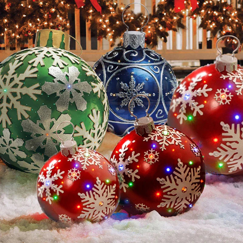 Vibrant, inflatable Christmas ornaments in various holiday designs for outdoor decoration