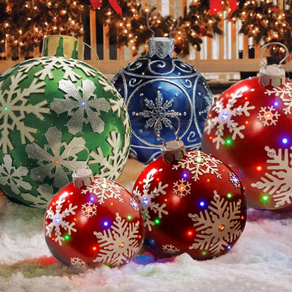 Vibrant, inflatable Christmas ornaments in various holiday designs for outdoor decoration