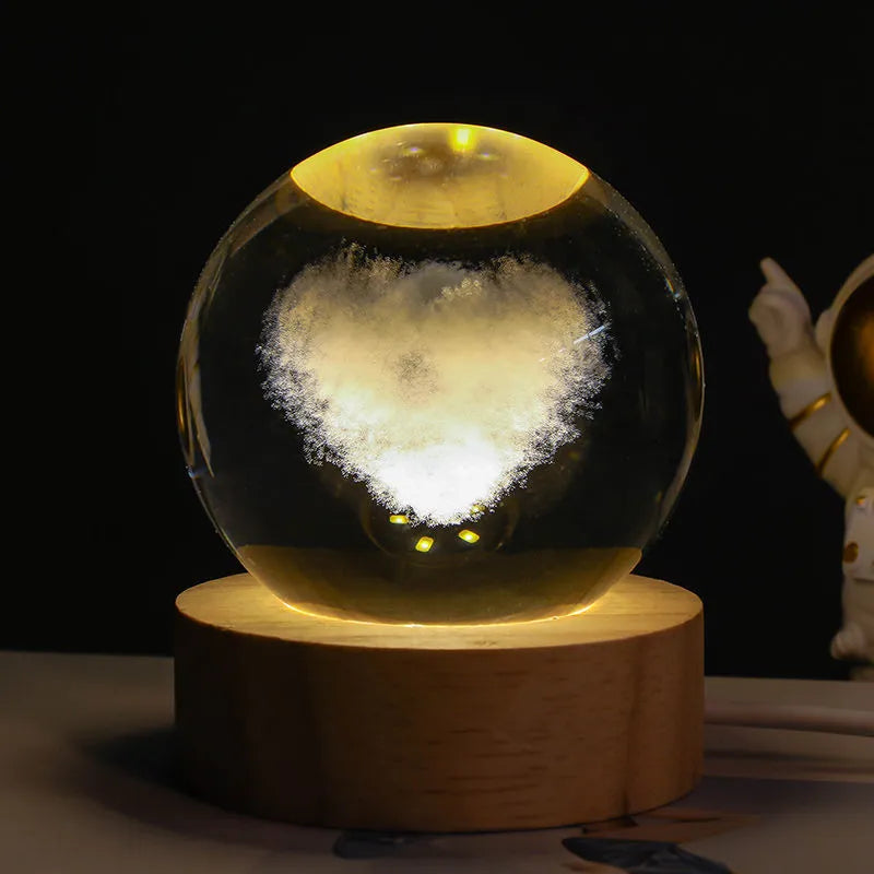 Crystal ball night light projecting 3D starry sky and planets with solid wood base