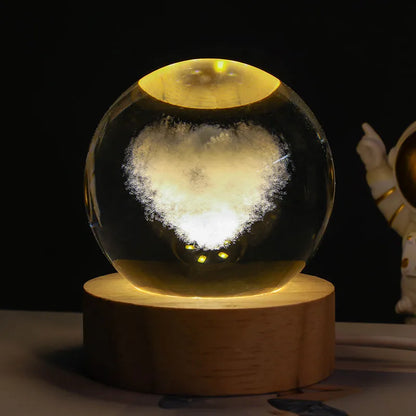 Crystal ball night light projecting 3D starry sky and planets with solid wood base
