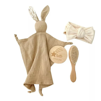 Natural cotton baby bath toy set with wooden rattle and comfort towel