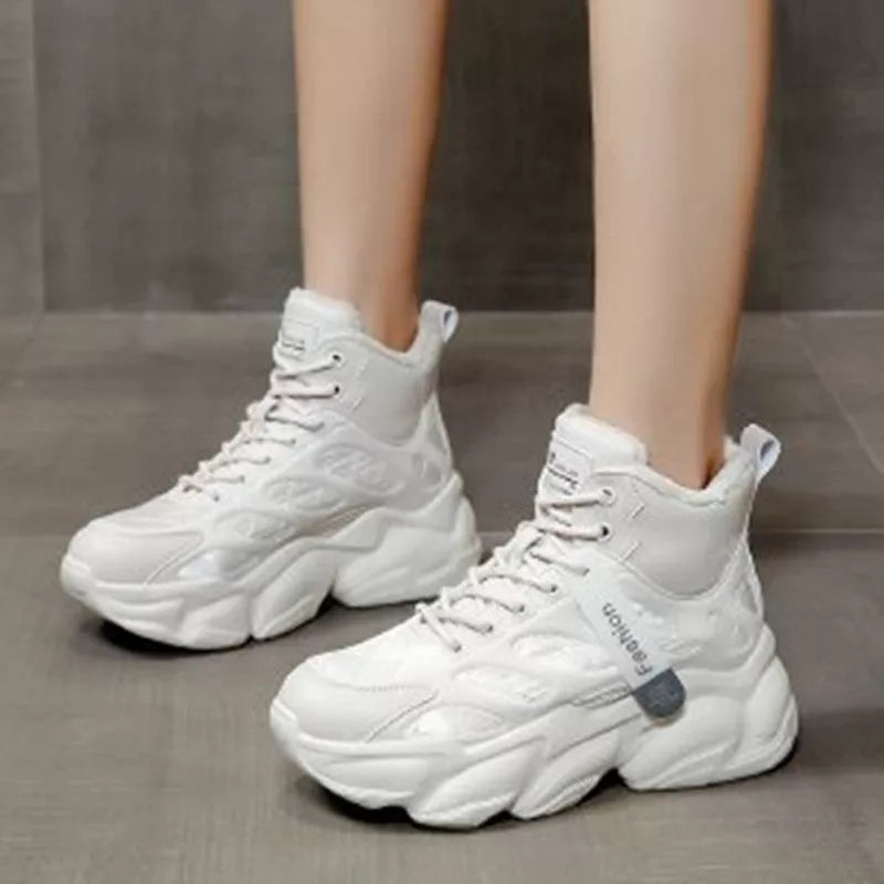 Women's casual velvet lined high shoes in black, silver, and beige with waterproof PU upper and non-slip sole