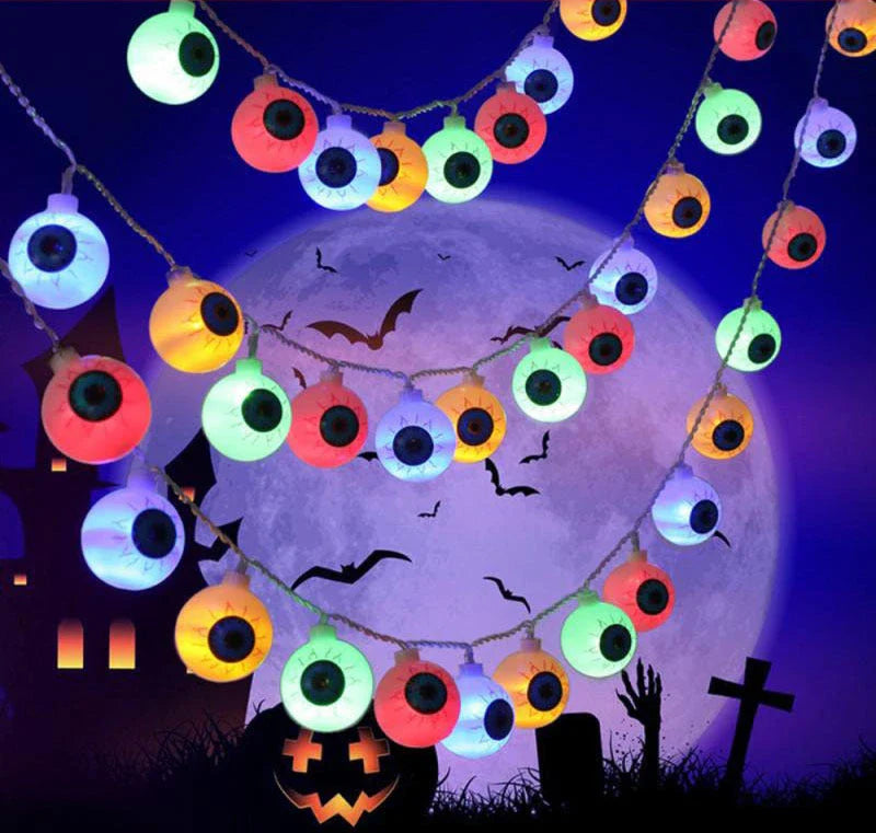Spooky Halloween LED Ghost Eye String Lights - 10 Pcs, Flexible Design, Warm Colorful Glow, Versatile Decor