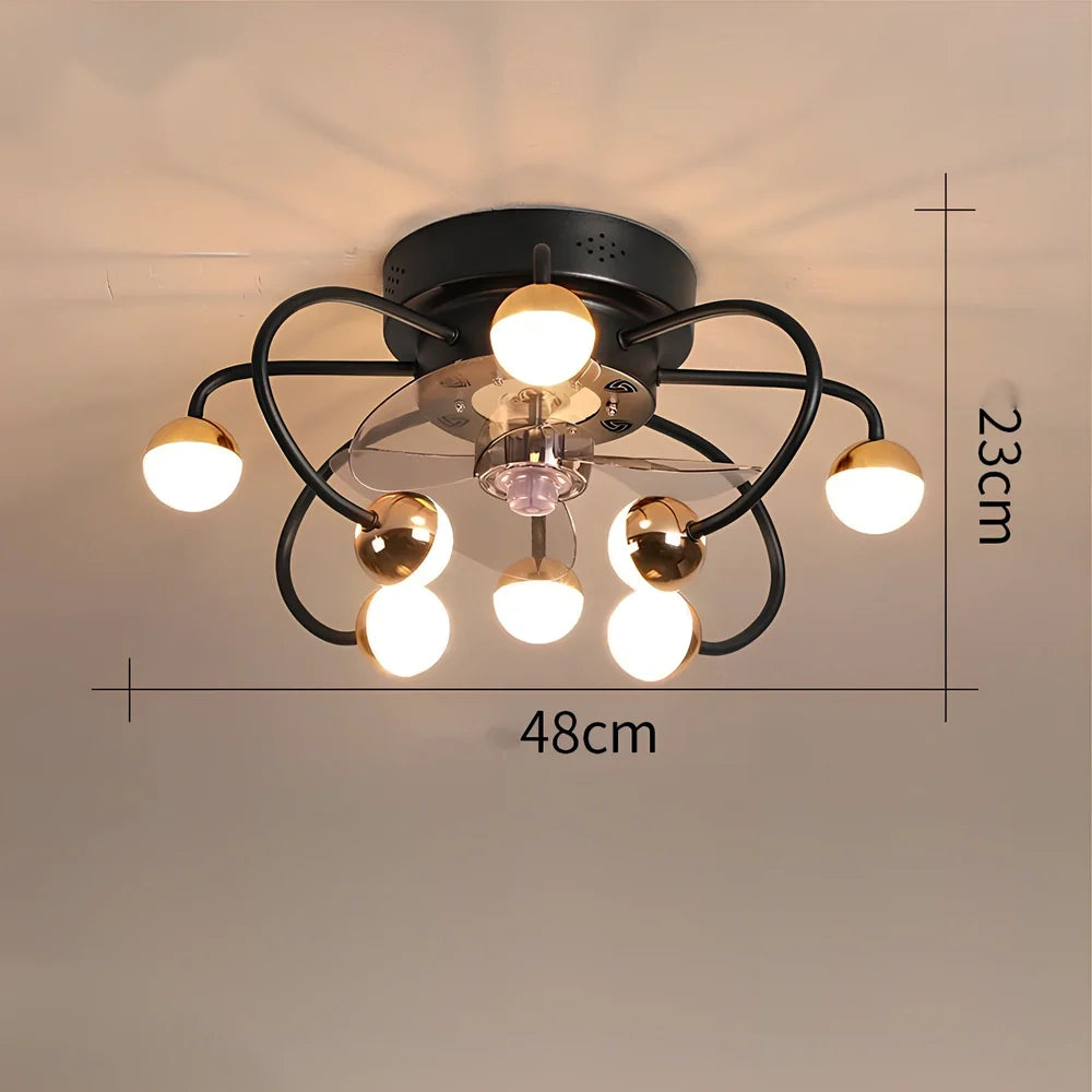 Ceiling fan light with metal blades and iron-plastic lampshade in coffee gold finish