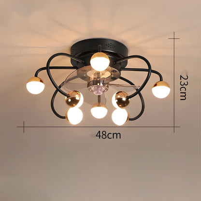 Ceiling fan light with metal blades and iron-plastic lampshade in coffee gold finish