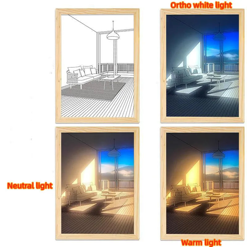 LED illuminated decorative picture light on a table showing a scenic landscape image glowing from within.