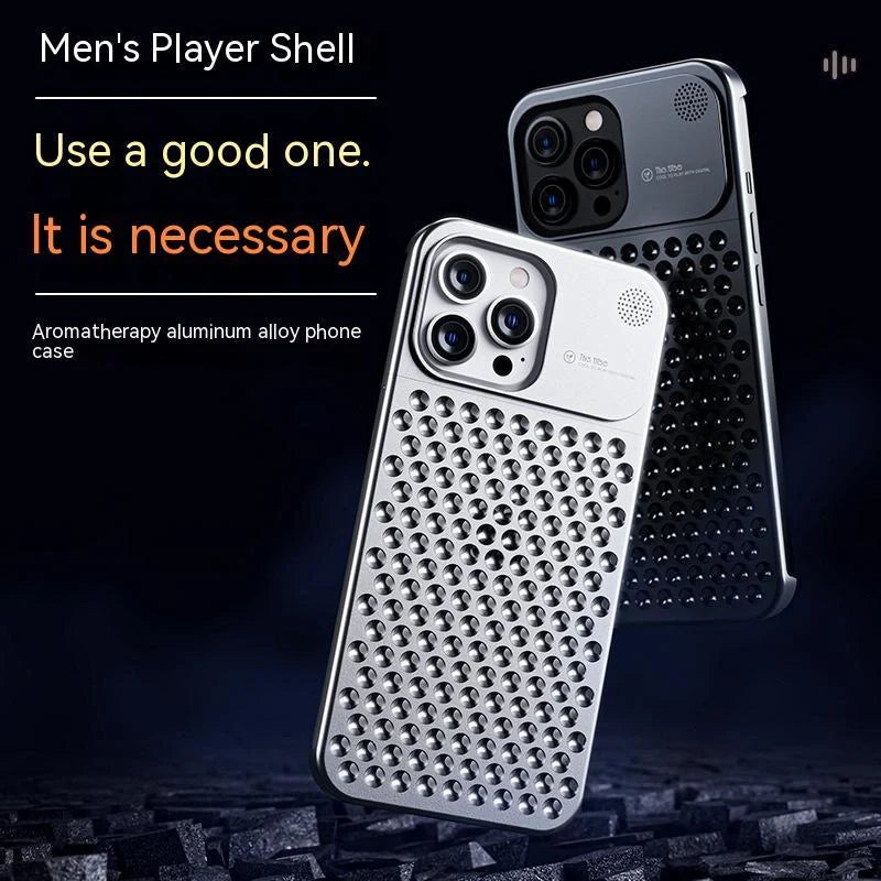 Aluminum alloy iPhone case with hollow design for heat dissipation and built-in aromatherapy tablet