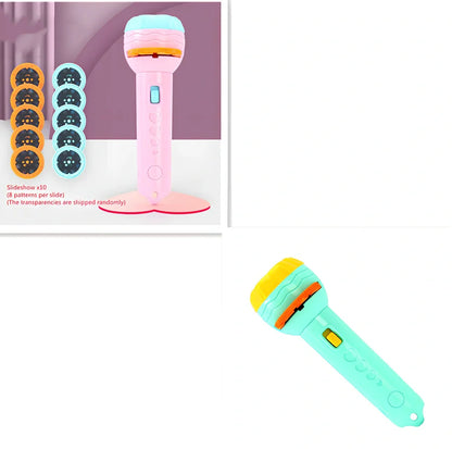 Red plastic cartoon projection flashlight showing rotating lens for 80 pattern changes