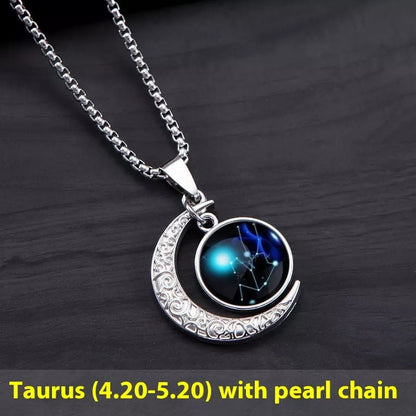 12 Constellation Glowing Necklace with luminous stone pendant and titanium steel chain
