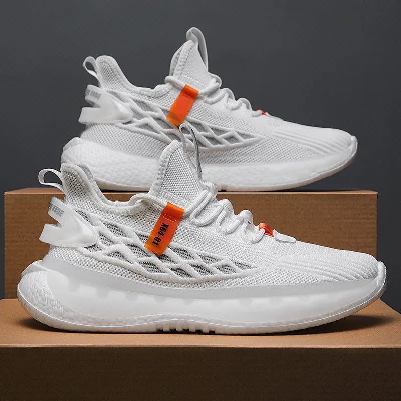 Men's white low-top mesh platform sneakers with round toe and front lace-up design on a rubber sole