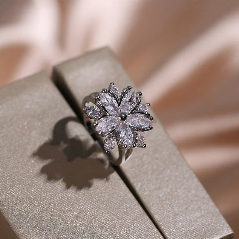 Double layer flower cubic zirconia jewelry set for women, including necklace, earrings, and ring