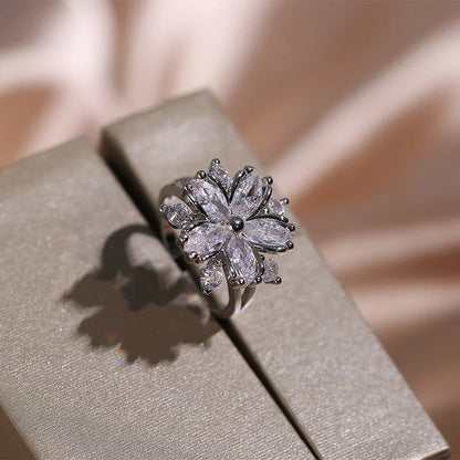 Double layer flower cubic zirconia jewelry set for women, including necklace, earrings, and ring