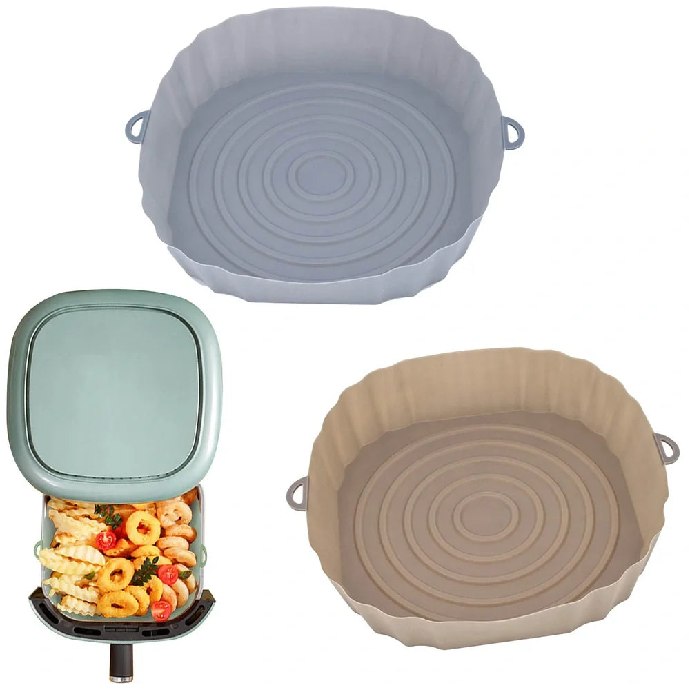 Silicone air fryer basket liner in light grey colour showing 4.5cm depth and flexible design for round air fryers