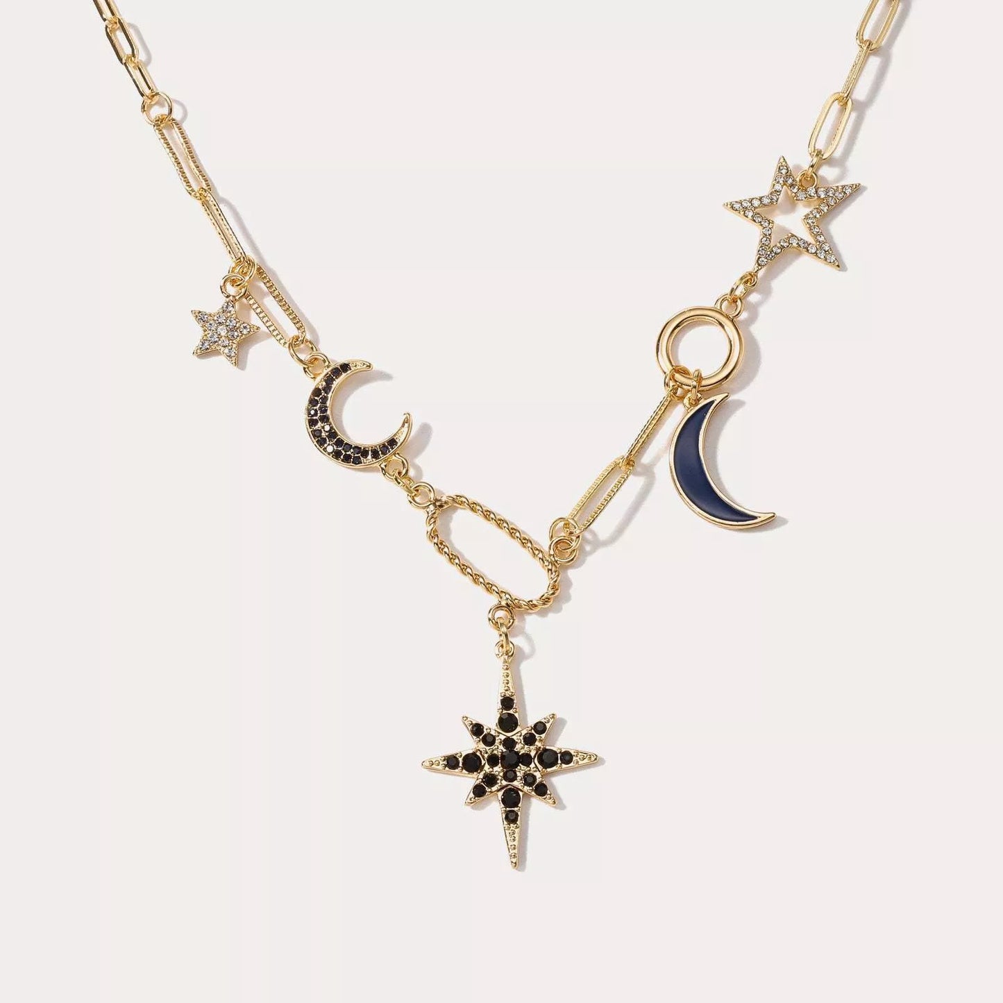 Copper-plated real gold star and moon rhinestone necklace for women