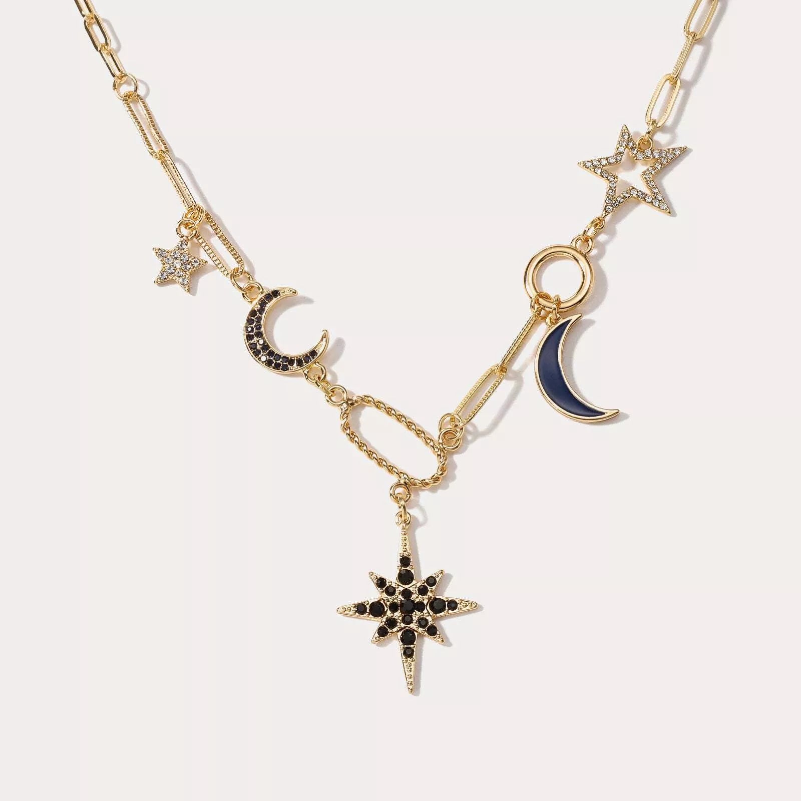 Copper-plated real gold star and moon rhinestone necklace for women