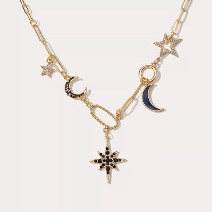 Copper-plated real gold star and moon rhinestone necklace for women