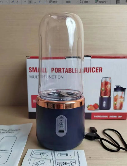 Portable USB blender in Tunisian dark blue with six blades, 400ml cup, and charging cable