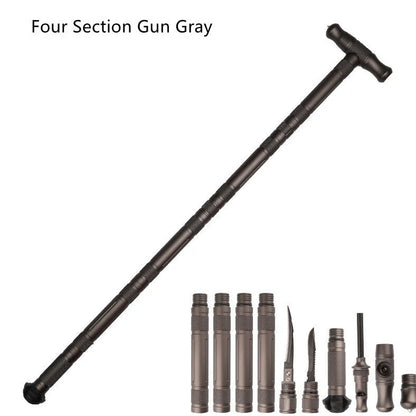 T-shaped telescoping hiking stick with compass, whistle, cutting edge, and glass breaker tip in black or gun grey finish