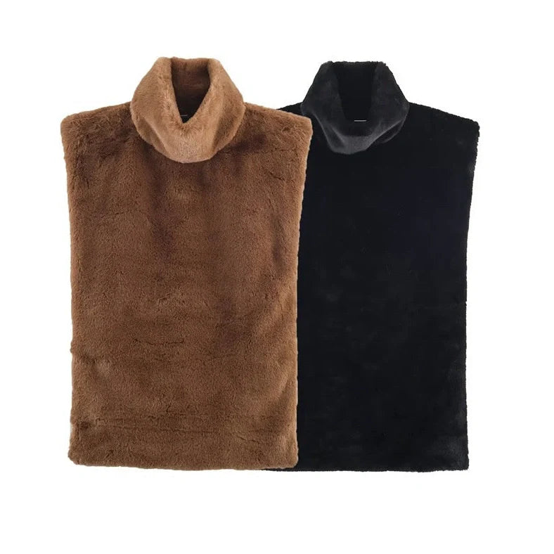 Women's dark brown half-turtle neck sleeveless top with furry texture, showing 40-50cm length