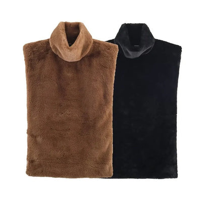 Women's dark brown half-turtle neck sleeveless top with furry texture, showing 40-50cm length