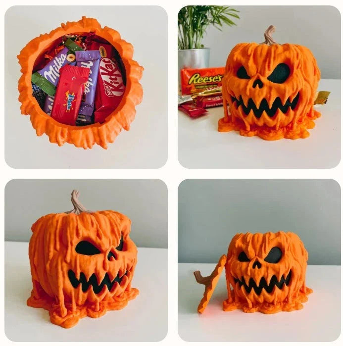 Spooky Halloween pumpkin-shaped candy bowl with lid, made of durable PVC for reusable and easy-to-clean trick-or-treating display