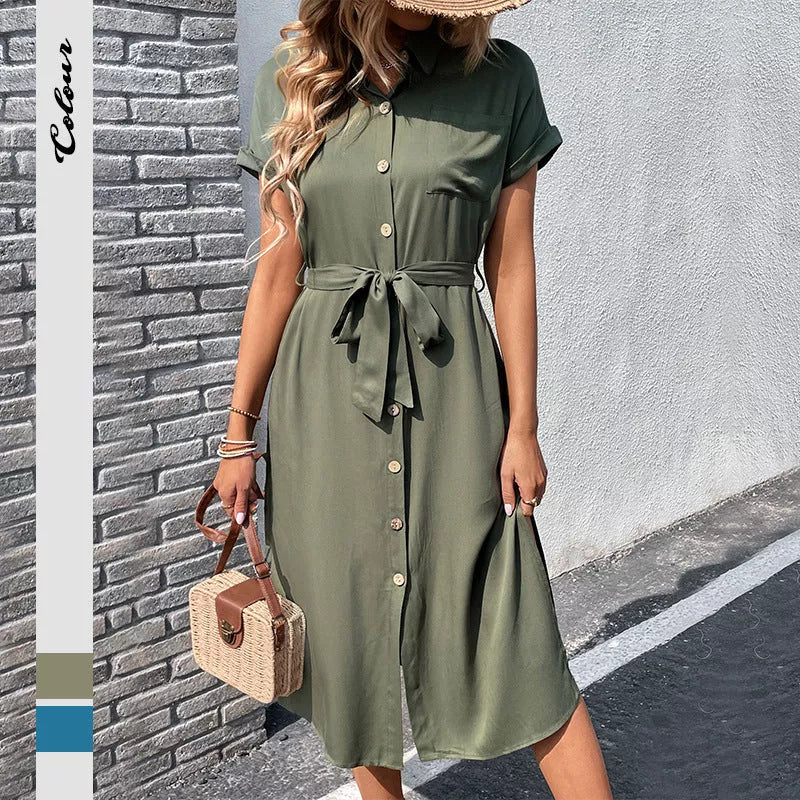 Summer long dress with button pocket and lace-up collar in Army Green and Blue