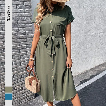 Summer long dress with button pocket and lace-up collar in Army Green and Blue