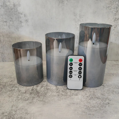 Electroplated glass LED electronic candle with gold finish and realistic flame simulation