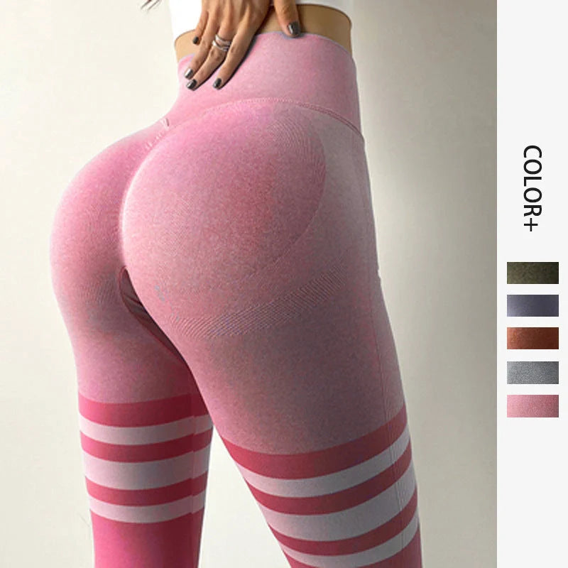 High-waisted fitness leggings with stripe design and tummy control