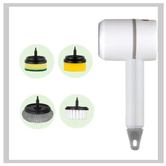 Green electric cleaning brush with scouring pad and brush heads on a kitchen worktop.
