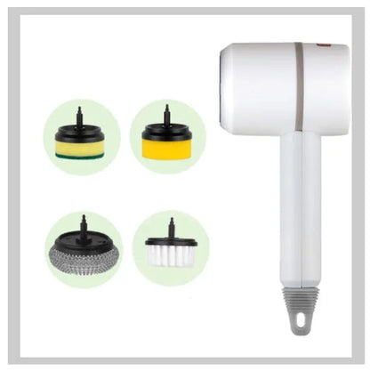 Green electric cleaning brush with scouring pad and brush heads on a kitchen worktop.