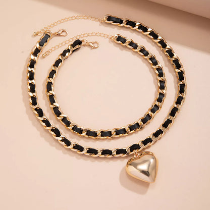 Double-layer chains heart pendant necklace in gold and white, street punk style fashion jewelry