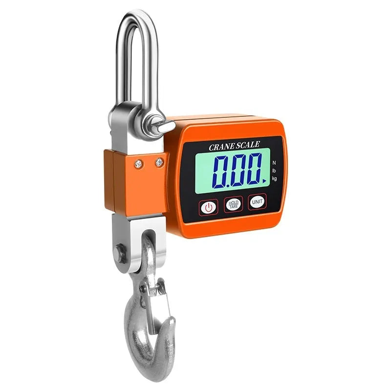 Blue electronic digital hook scale displaying weight, with hook for weighing items.