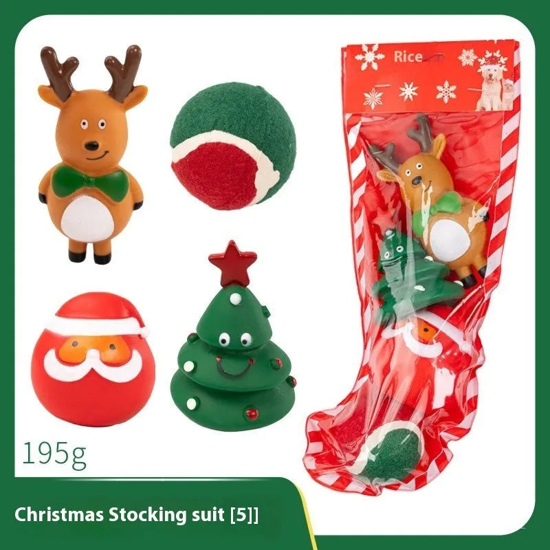 Christmas vinyl dog chew toys set with Santa heads, trees, balls and bite ropes for medium to large dogs