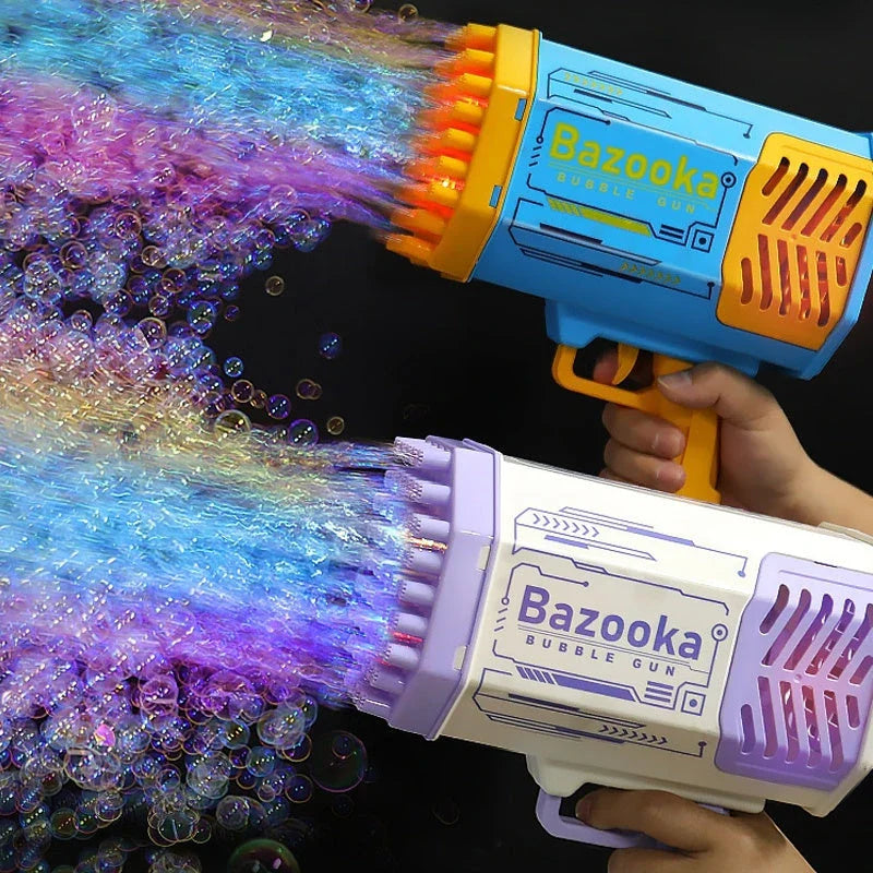 Powerful 69-hole bubble blasting rocket launcher with colorful LED lights for endless bubble-popping fun