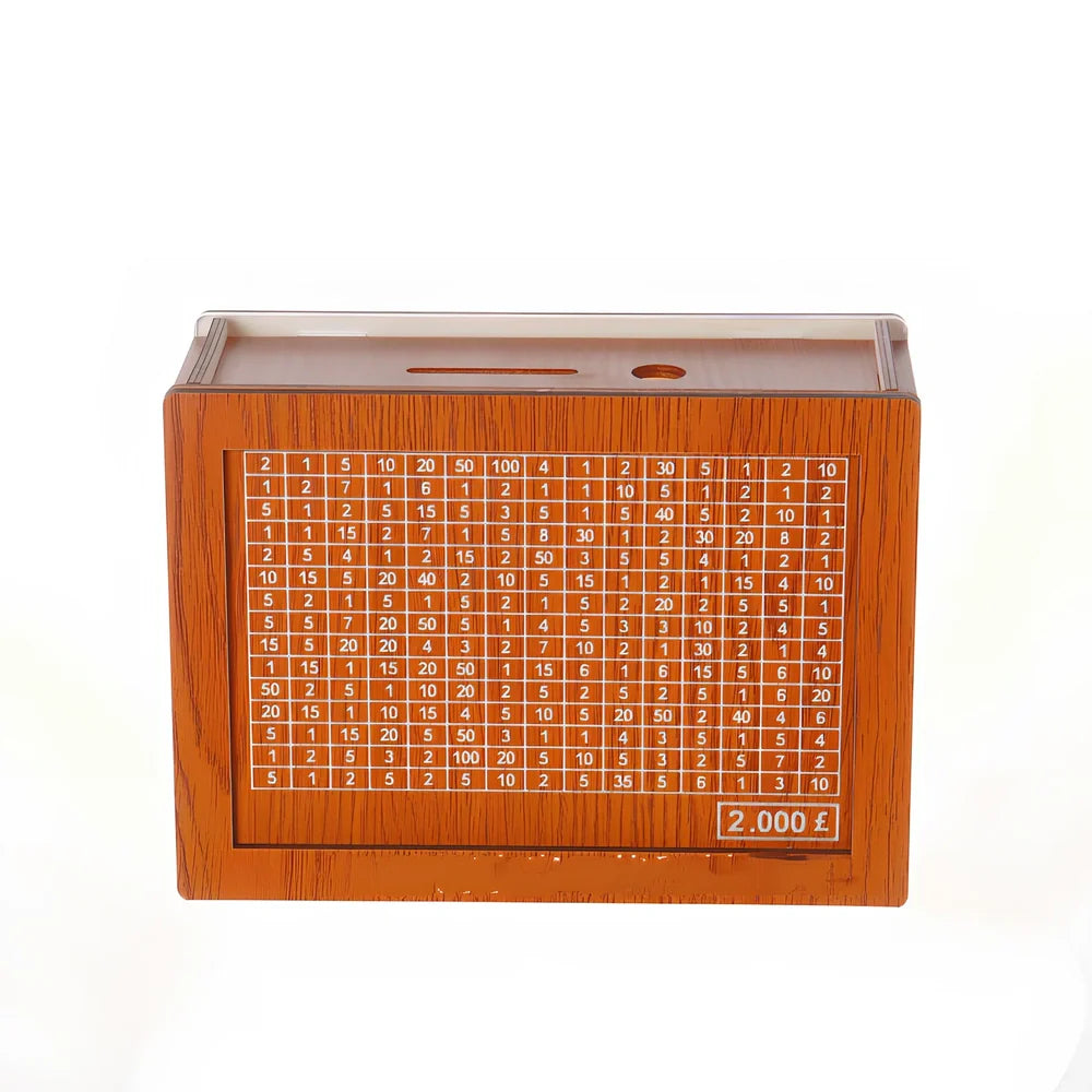 Wooden piggy bank with coin counter and side opening mechanism measuring 20cm